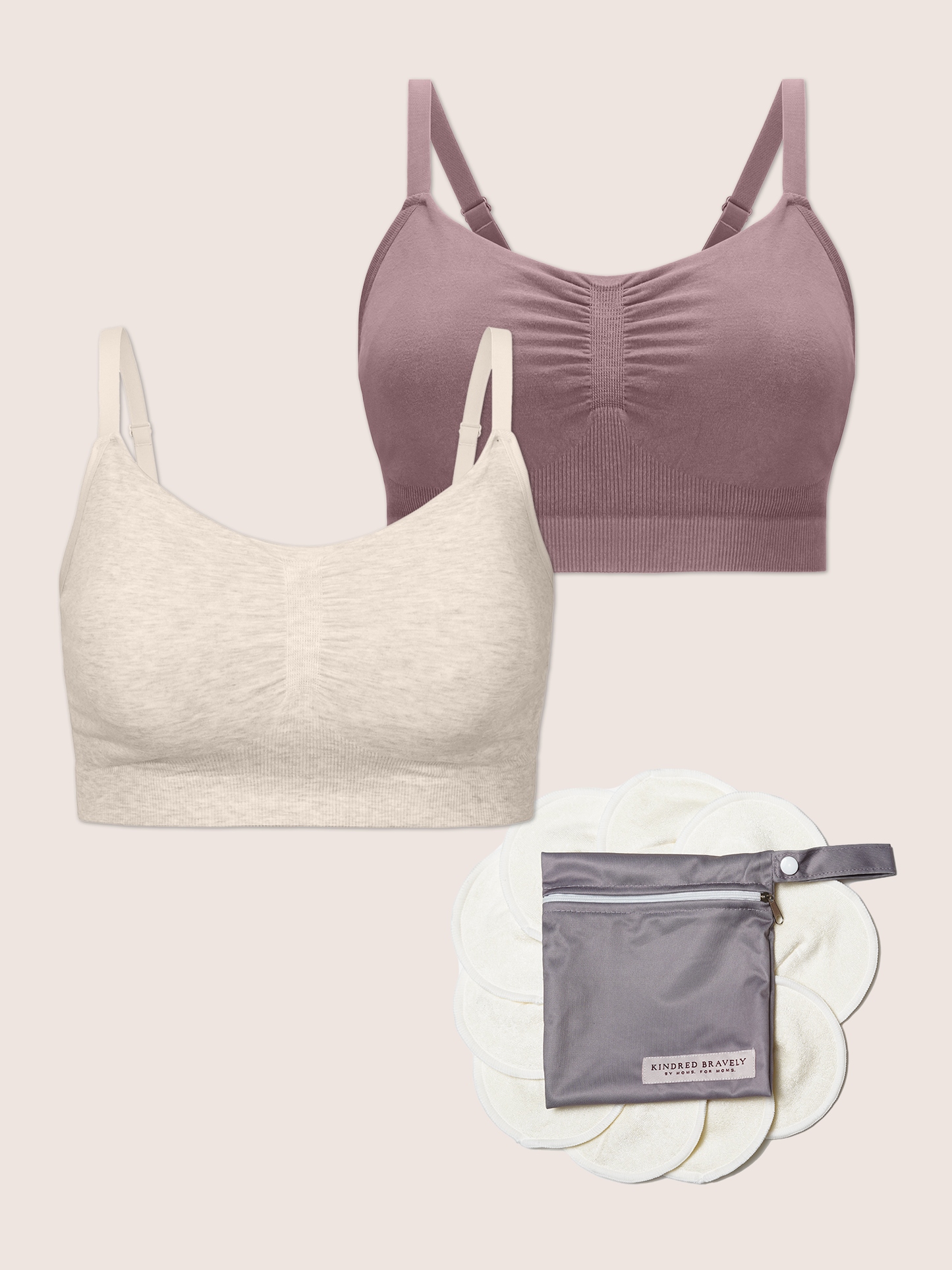 Flat lay of styles in the Sleep, Pump, Repeat Bundle, including two colors of the Sublime Bamboo Hands-Free Pumping Lounge & Sleep Bra, and the Organic Bamboo Nursing Pads