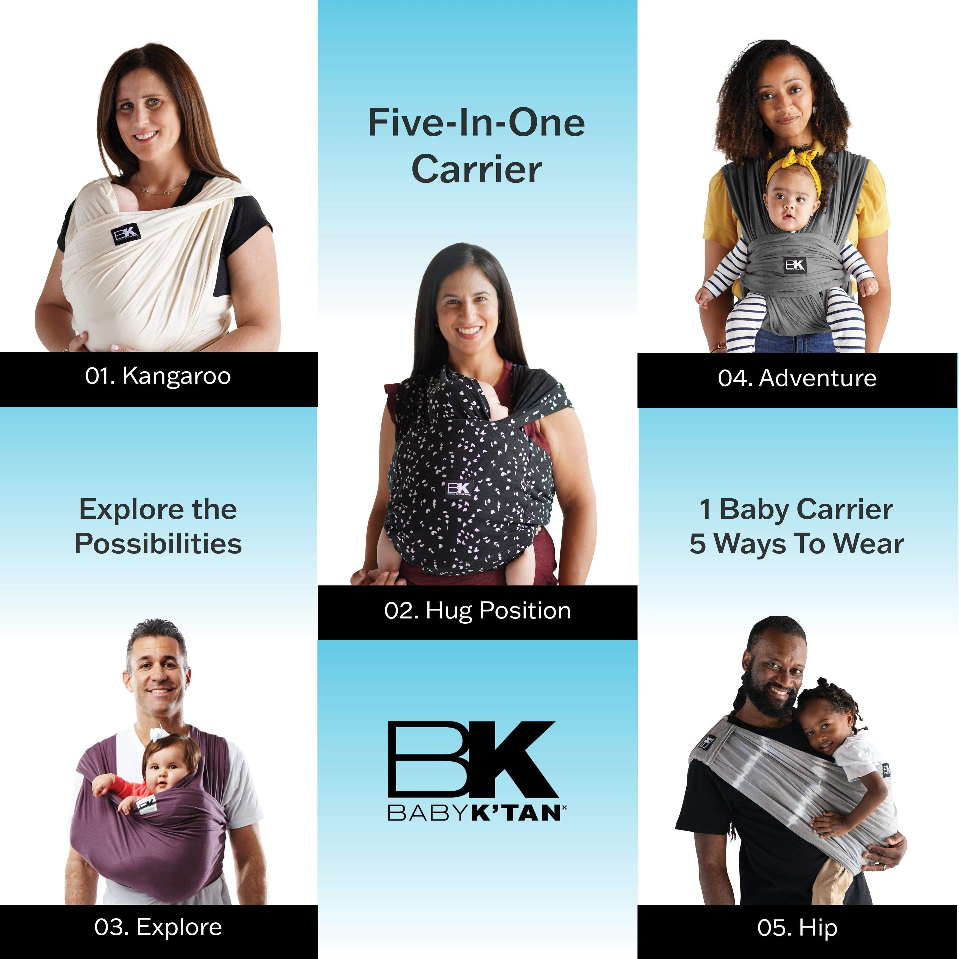 Showing the 5 positions for the Baby K'Tan baby carriers - kangaroo, hug, explore, adventure and hip