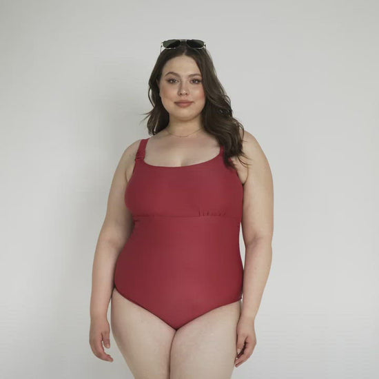 Video showing a model wearing the Classic Maternity & Nursing One Piece Swimsuit in Auburn.